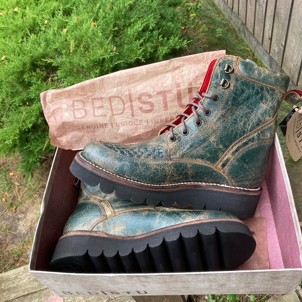 BED STU Boots ELISHA II Leather Combat Moto TEAL LUX Green Black Size 8 - Picture 7 of 12